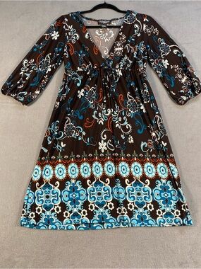 Hypnotized women’s brown & turquoise floral 3/4 sleeves jersey knit dress,size L